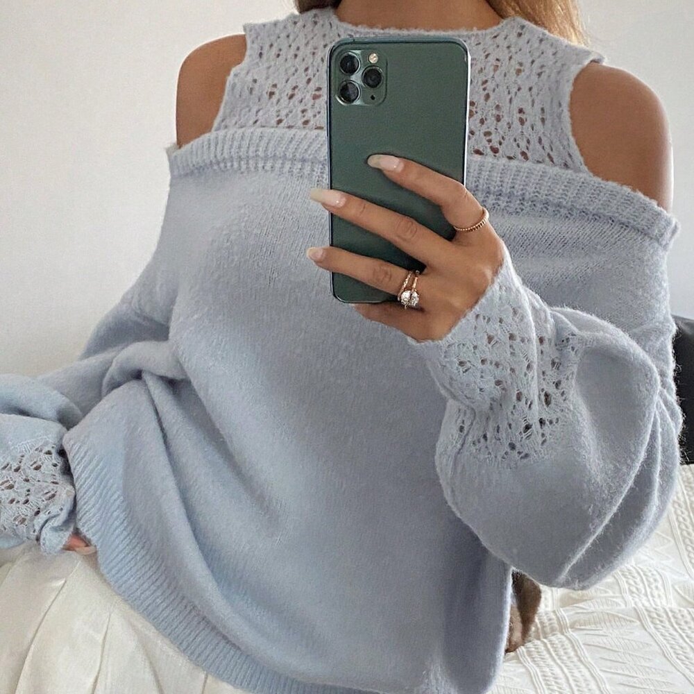 Blue Casual Women's Loose Hollow Out Drop Shoulder Long Sleeve Sweater